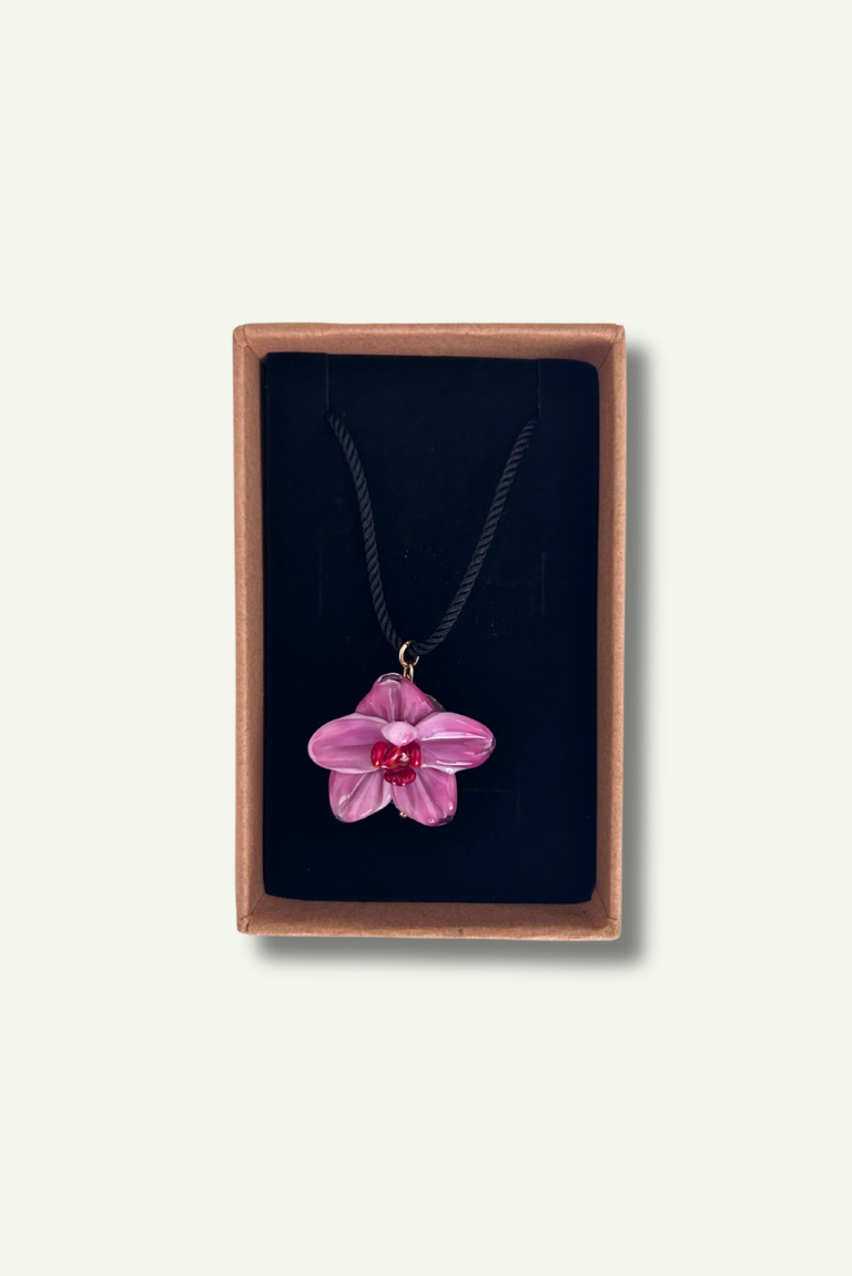 Pink Orchid Black Cord Necklace