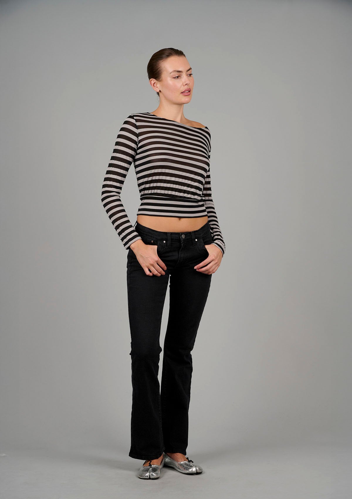 Alexa Striped Boat Neck Top - Black / Nude