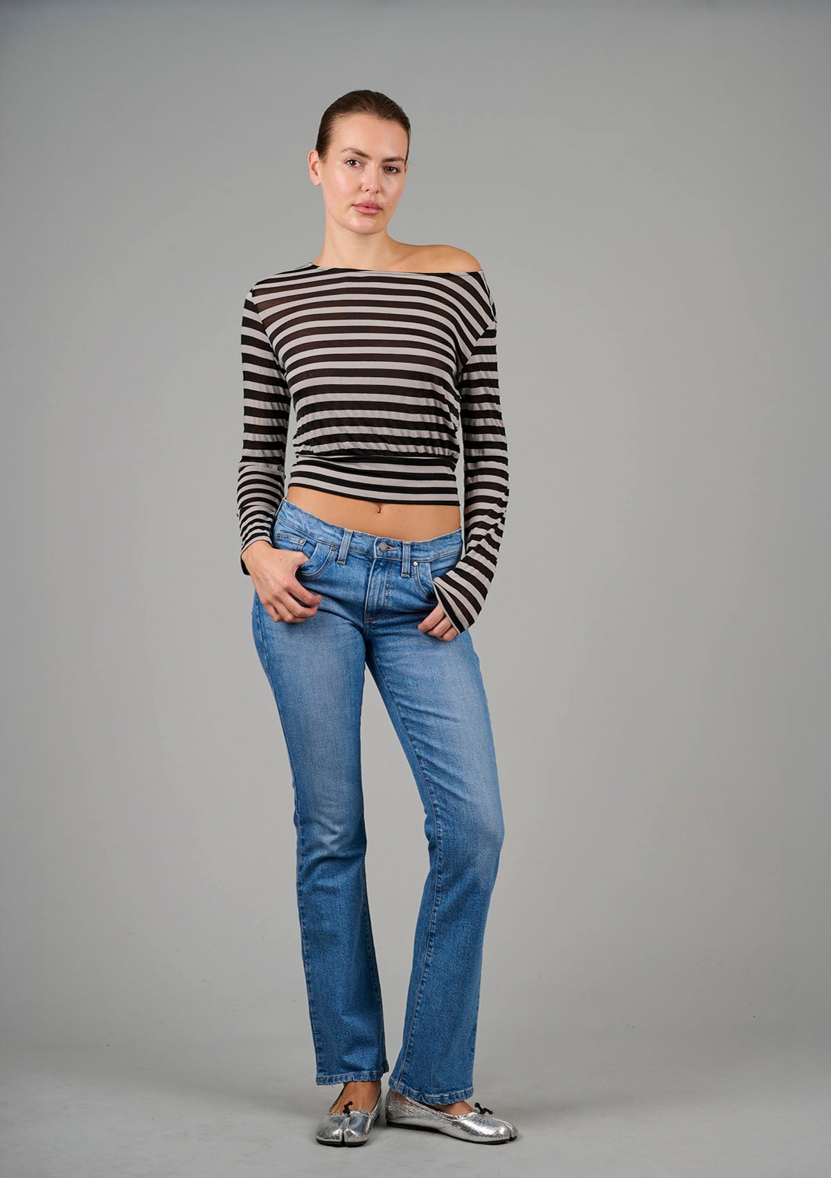 Alexa Striped Boat Neck Top - Black / Nude