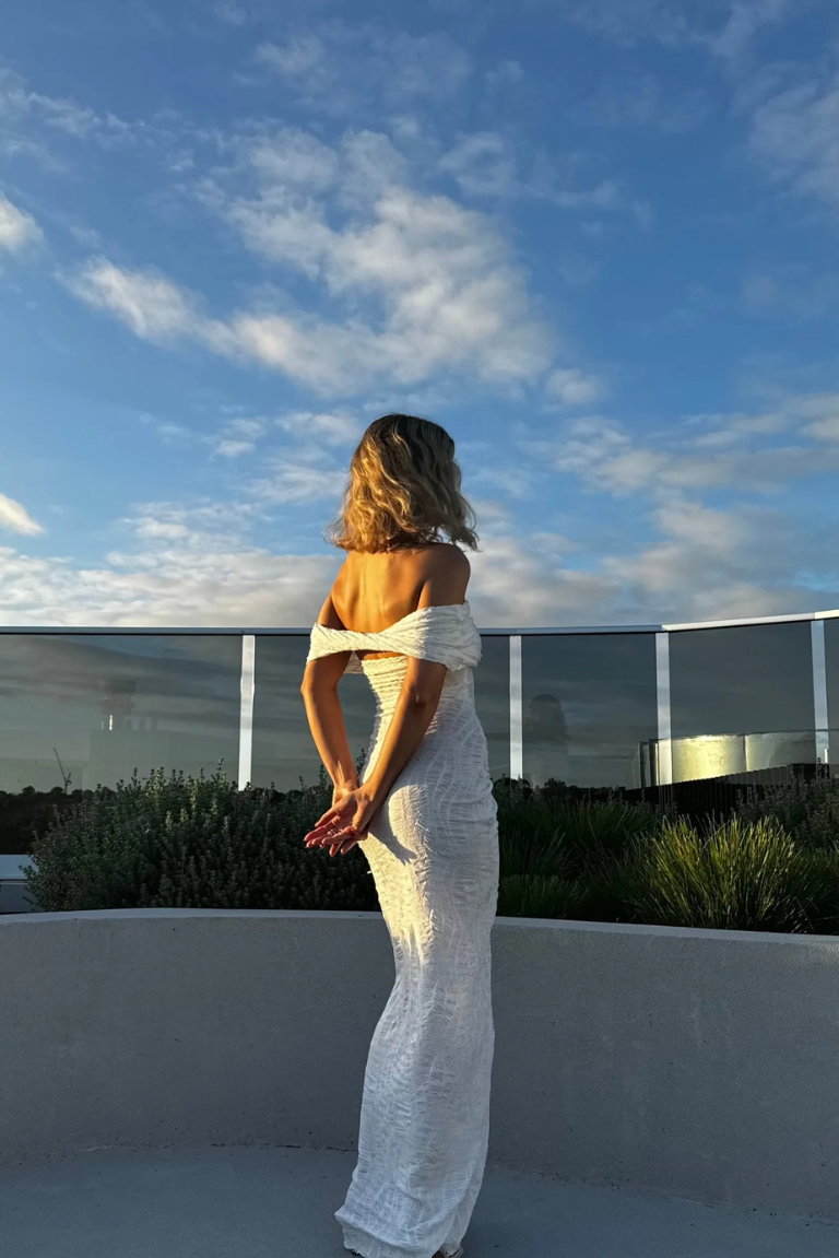 Valentia Dress in White Ruched