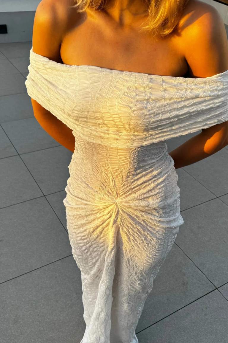 Valentia Dress in White Ruched