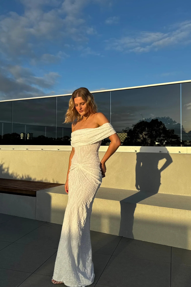 Valentia Dress in White Ruched