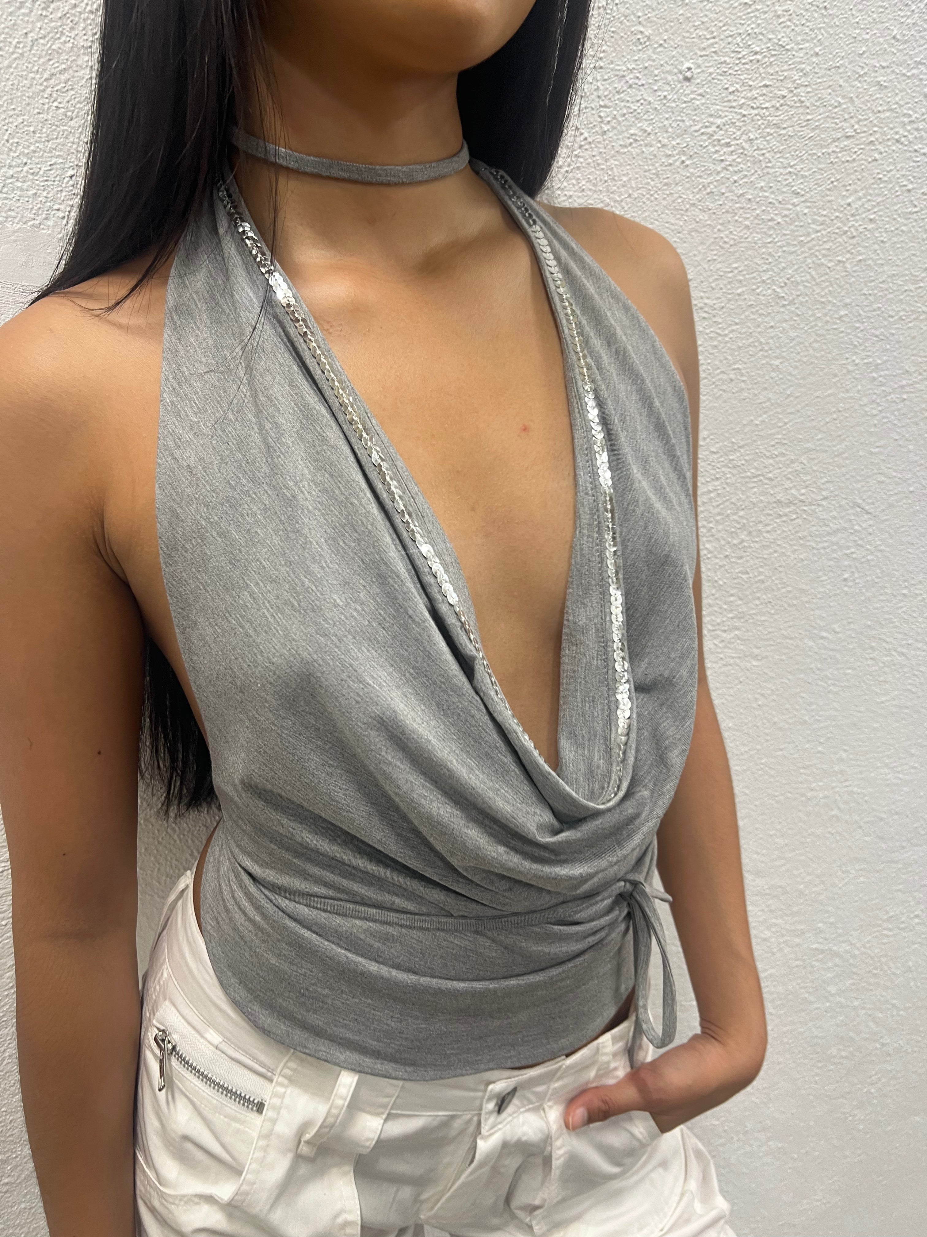 Sequin Cowl Neck Top Grey
