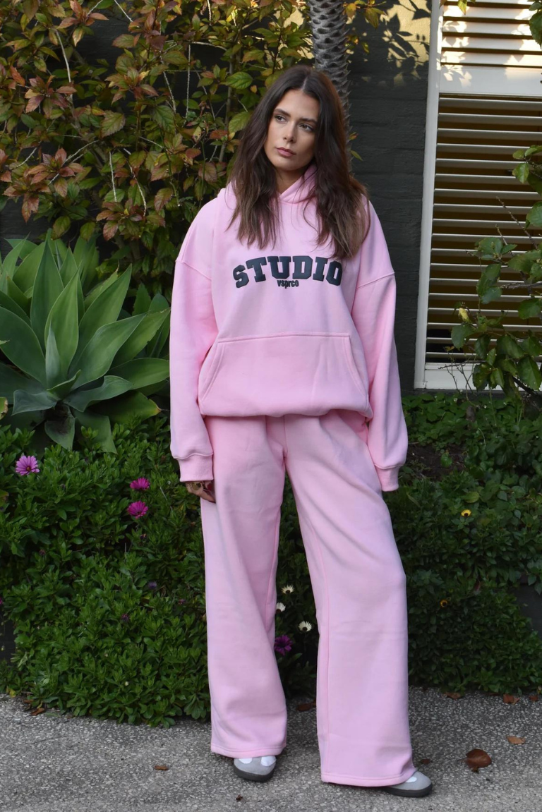 Varsity Wide Leg Trackpants in Pink Opal