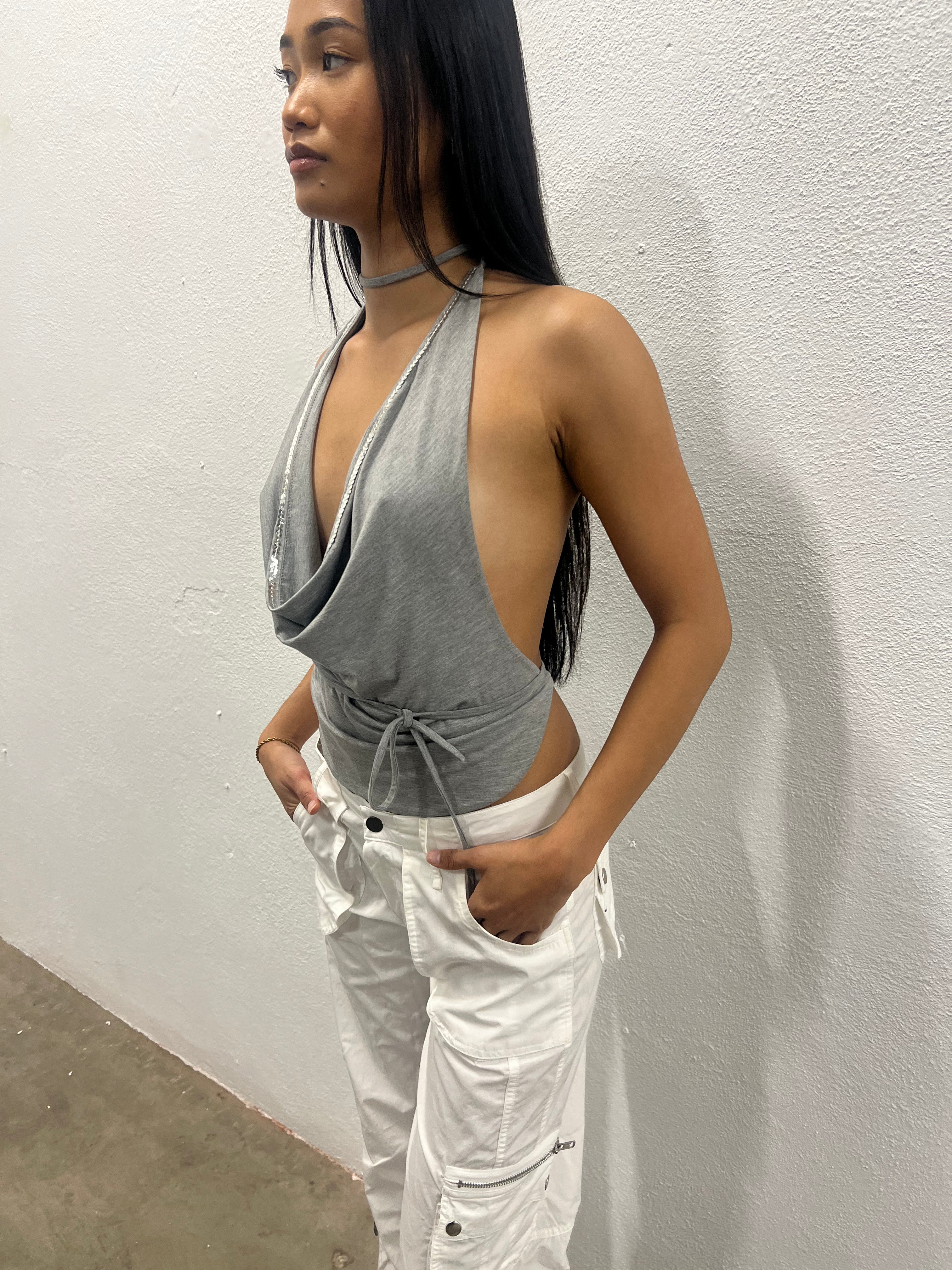 Sequin Cowl Neck Top Grey