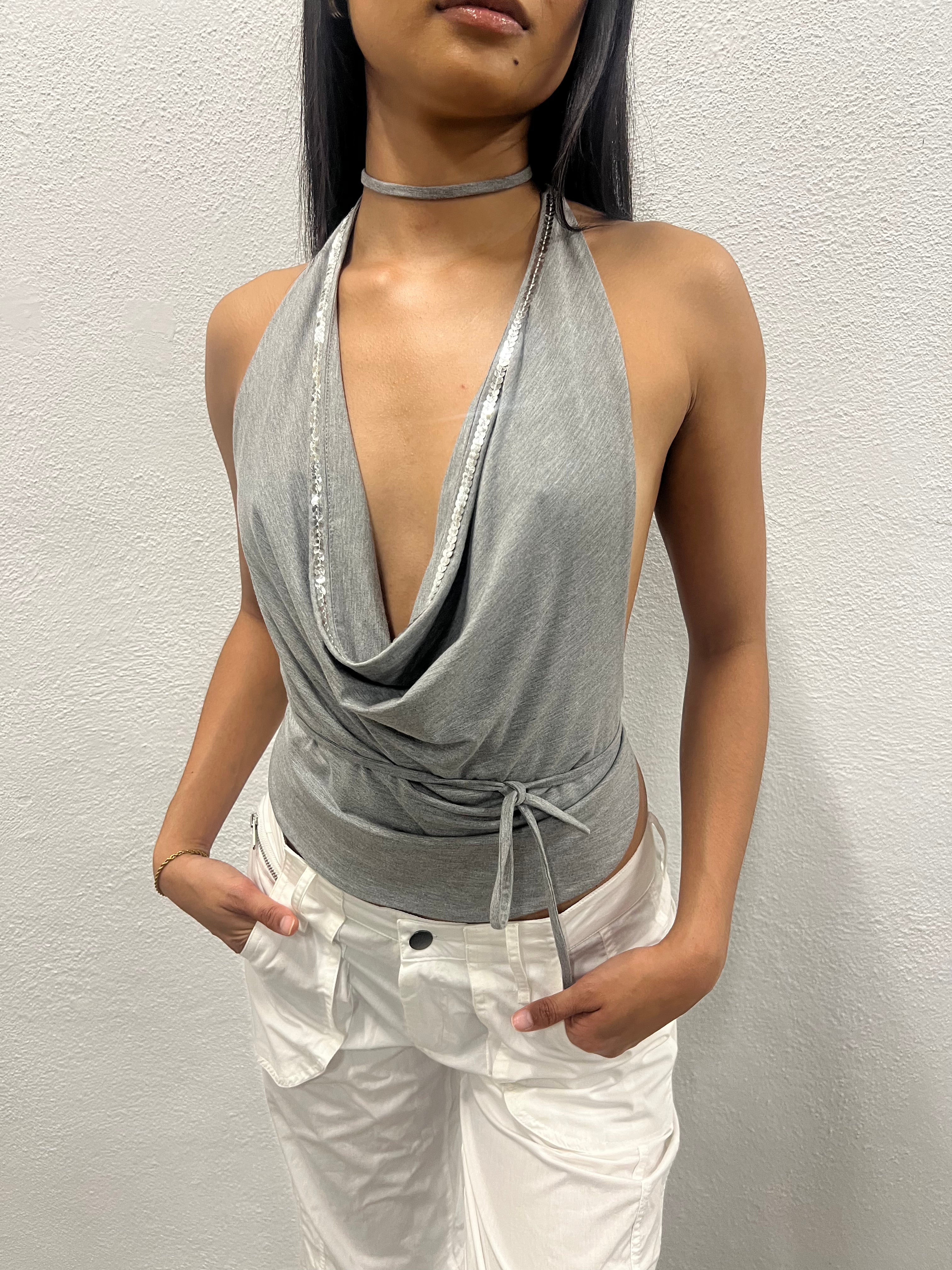 Sequin Cowl Neck Top Grey
