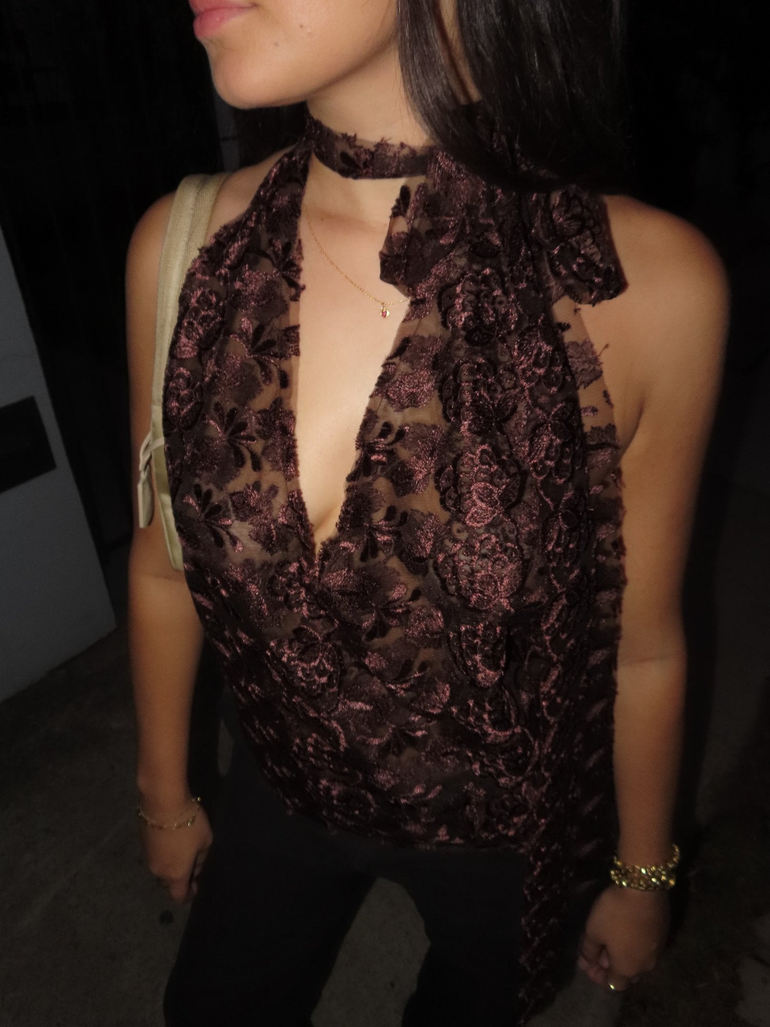 Lace Tie-Neck Top in Maple